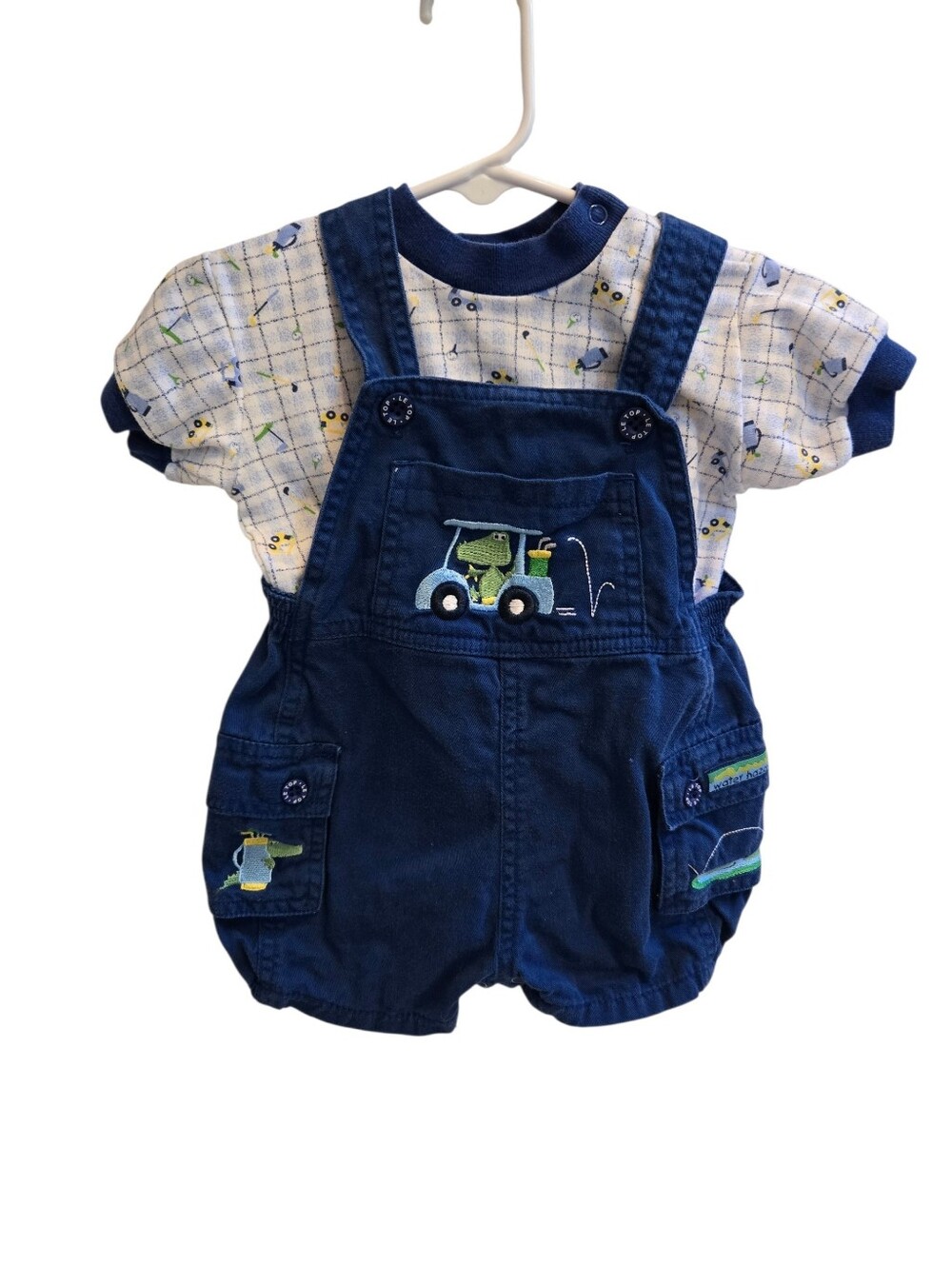Vintage Y2k Le Top Navy Tractor Embroidered Overalls Shorts 2pc Set